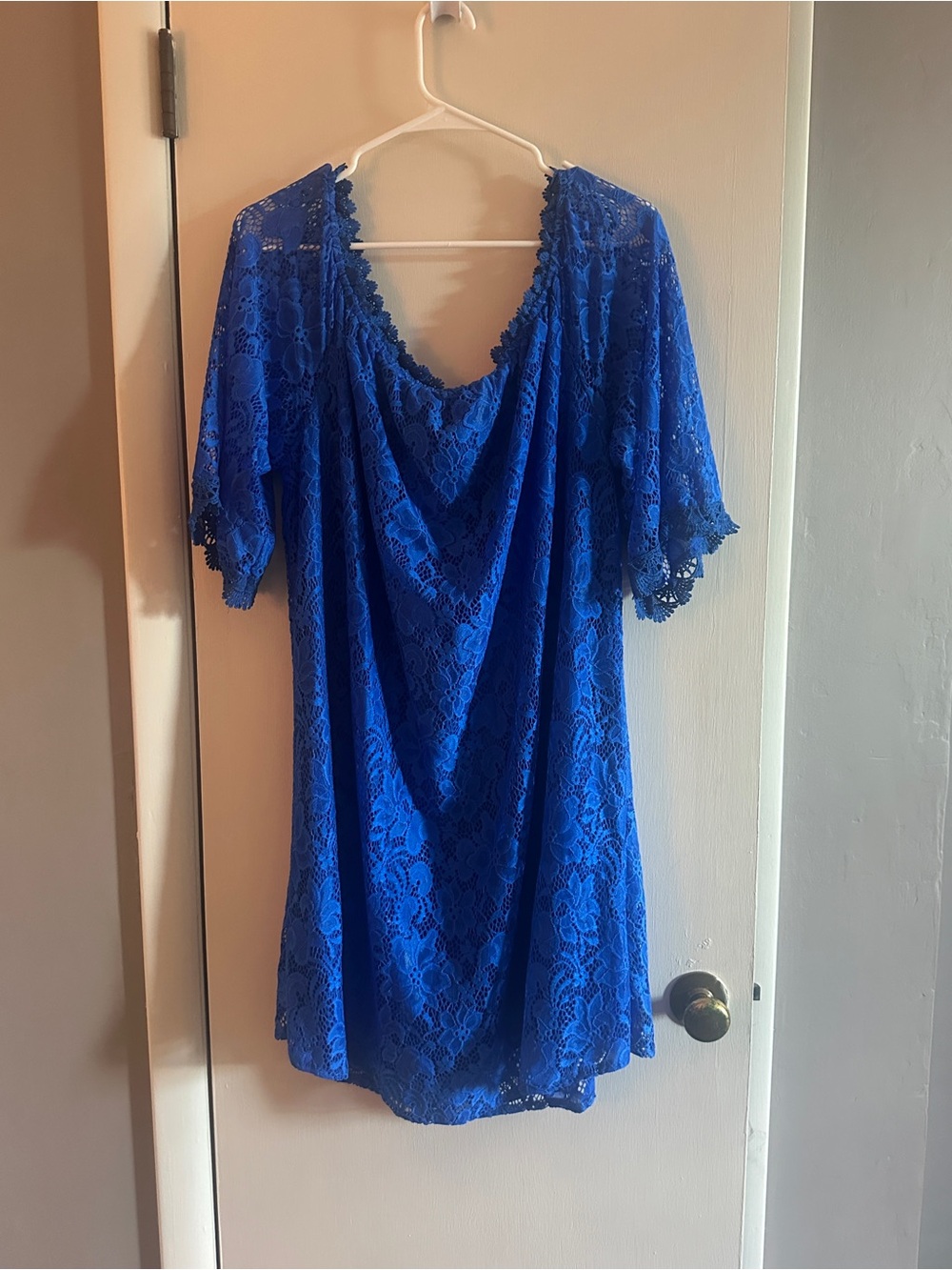 Royal Blue Lace Off the Shoulder Mini Dress